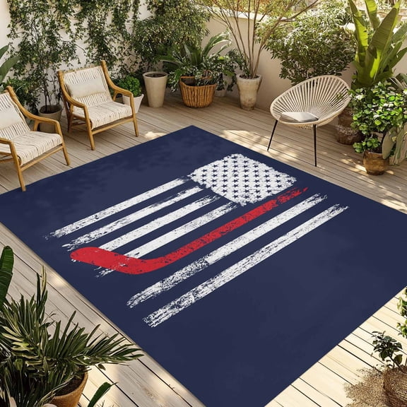 Navy Blue Hockey American Flag Outdoor Rug 3x5 Ft - Reversible Patio Rug Outdoor Camping Rugs, Vintage Abstract US Flag Indoor Outdoor Area Rugs, Non-Slip Outdoor Carpet Runner for Deck/Porch