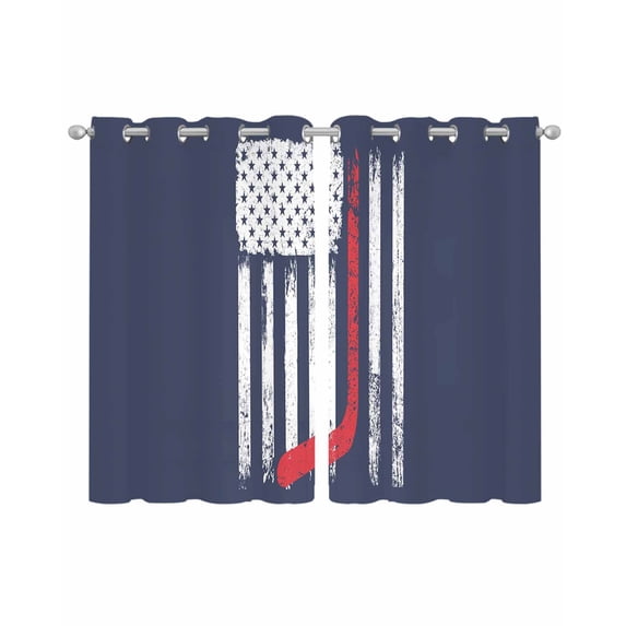 Navy Blue Hockey American Flag Sheer Curtains 39 Inch Length 2 Panels Set for Living Room/Bedroom, Vintage Abstract US Flag Kitchen Curtains Grommet Semi-Sheer Curtains Window Treatments 27.5"x39"x2