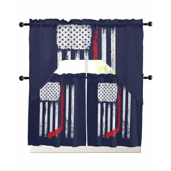 Navy Blue Hockey American Flag Swag Kitchen Curtains Sets for Windows 24 Inch Length, Vintage Abstract US Flag Short Window Curtain Panels Swags Valances and Tiers 3 Piece Set for Cafe/Dining Room