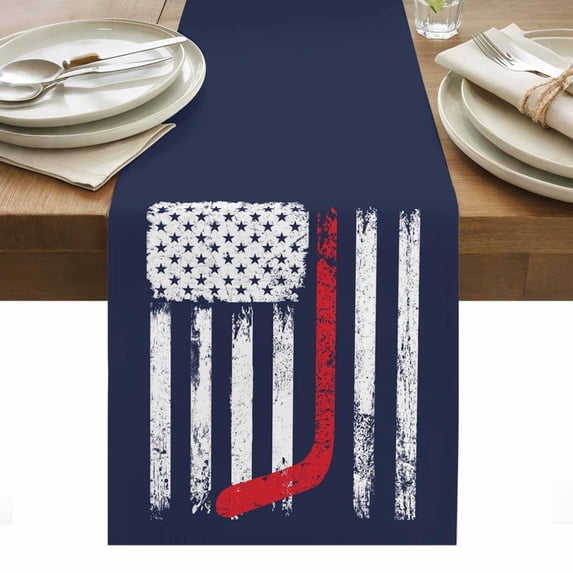 Navy Blue Hockey American Flag Table Runner - 90 Inch Long, Kitchen Dining Table Runner Dresser Scarves, Vintage Abstract US Flag Farmhouse Decor for Coffee Tables Wedding Party Banquet