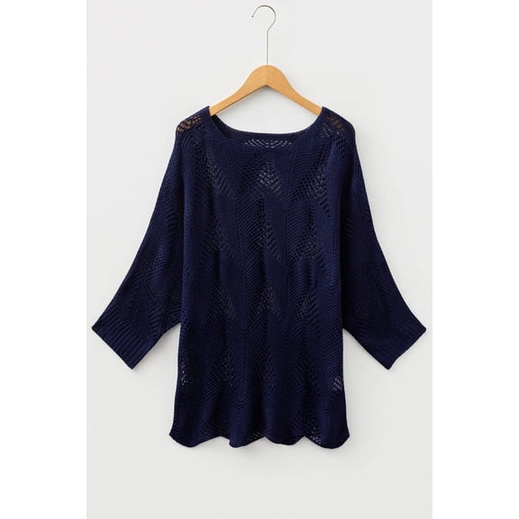 I AM A FASHION JUNKY Navy Blue Hollow Out Knit 7/8 Sleeve Casual Sweater