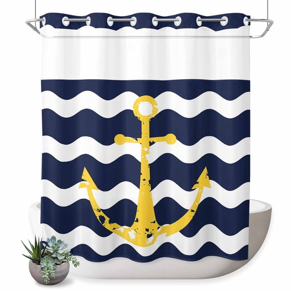 Navy Blue No Hook Shower Curtain Wave Stripes Yellow Nautical Anchor Shower Curtain with See Through Top Window, Waterproof Washable Fabric Curtain for Bathroom Hotel Decor, 72Wx72L