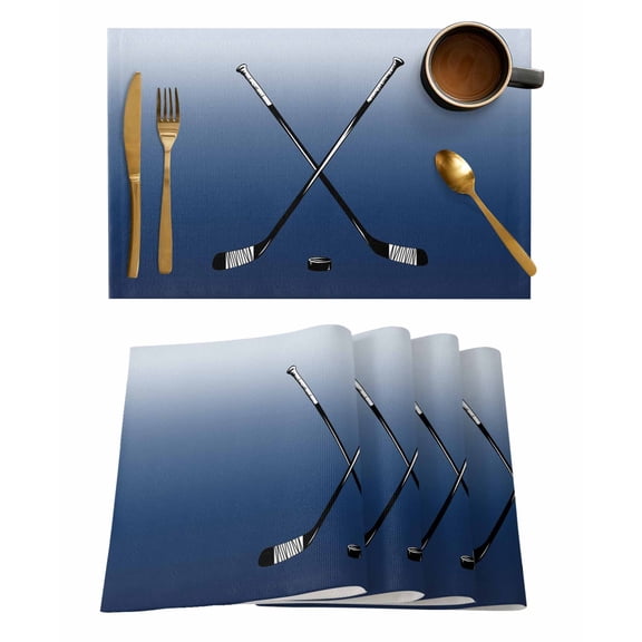 Navy Blue Ice Hockey Placemats Set of 6, Winter Sports Ball Games Ombre Placemats for Dining Table, Place Mats for Kitchen Tabletop, Waterproof Wipeable Dining Table Mats Set