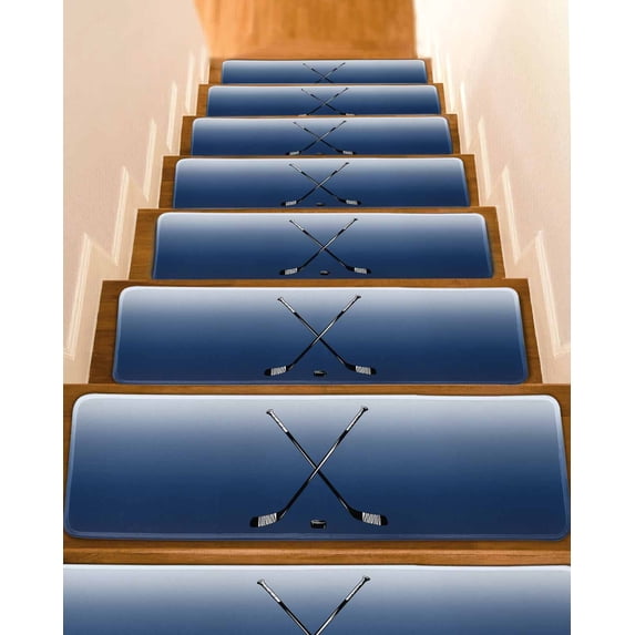Navy Blue Ice Hockey Stair Treads Non Slip Indoor for Wooden Steps, Winter Sports Ball Games Ombre 7 Pcs Stair Mats for Elders Dogs, 8 x 30 Inch Carpet Treads Runner Rugs for Staircase