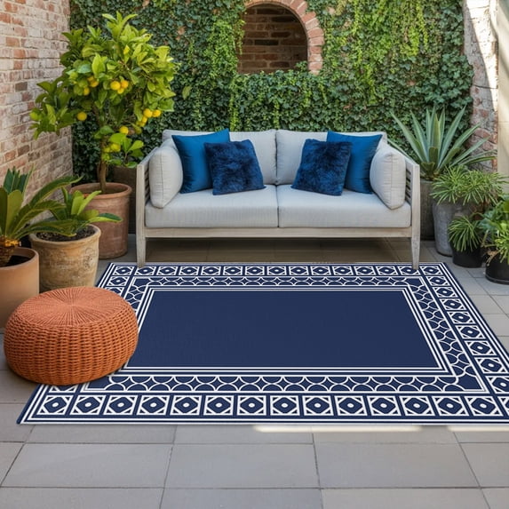 Navy Blue Indoor Outdoor Rugs 4x6 Ft, Boho Diamond Pattern Border Rustic Southwestern Outdoor Patio Rugs Mat Washable Outside Area Rugs Carpet for Porch Deck RV Camping Pool Balcony Backyard