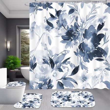 4pcs Navy Blue Watercolor Ink Floral Shower Curtain Set with Hooks