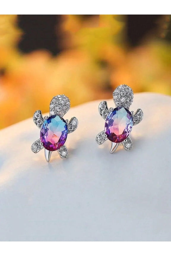 Navy Blue Iridescent Sea Turtle Stud Earrings For Women, Shiny Luxury Fashion Jewelry Gift