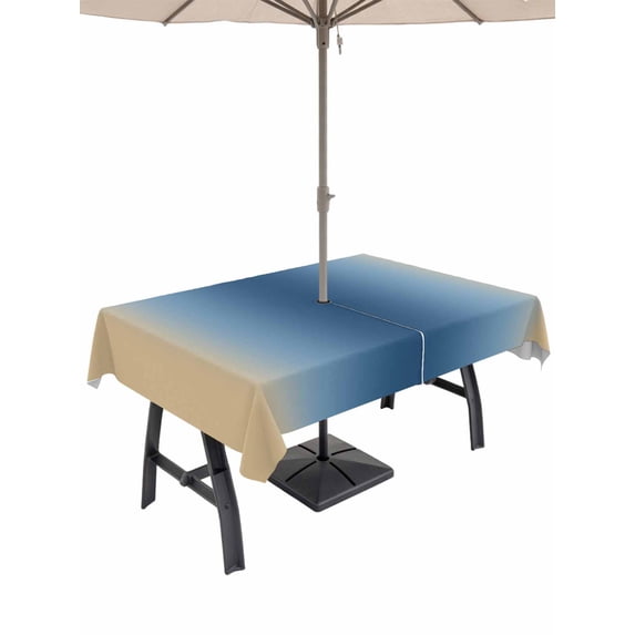 Navy Blue Khaki Ombre Outdoor Tablecloth with Umbrella Hole, Modern Abstract Art Gradient Spillproof Waterproof Outdoor Table Cover, Patio Tablecloths for Party Picnic Camping, Rectangle 54"x80"