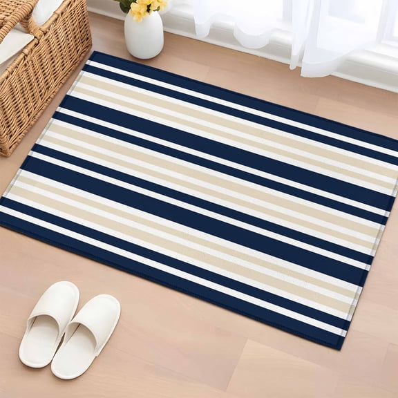 Navy Blue Khaki Striped Bathroom Mats 2x3 FT, Non Slip Small Kitchen Mat, Gradient Horizontal Lines Washable Soft Backed Front Door Throw Rugs Non-Shedding Indoor Outdoor Doormat for Entryway Sink