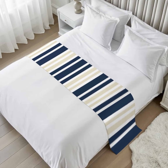 Navy Blue Khaki Striped Bed Runner Scarf Twin Size, Modern Minimalist Ombre Lines Luxury Bed Throw Runners & Scarves for Twin Full Queen King Foot of Beds, Bedroom Hotel Decoration, 71"x20"