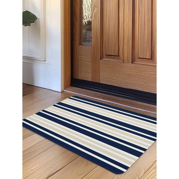 Navy Blue Khaki Striped Door Mat&nbsp;Indoor Outdoor Entrance, Non Slip Small Rug for Kitchen Bathroom Entryway Rug, Gradient Horizontal Lines Washable Doormat Floor Mat 18x30 Inch