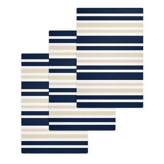 Navy Blue Khaki Striped Hand Towels Set, Waffle Weave Kitchen Towels 3 Pieces, Gradient Horizontal Lines Microfiber Hair Face Bath Tea Towel Absorbent Quick Drying Cleaning Dish Cloths, 15.7"x23.6"