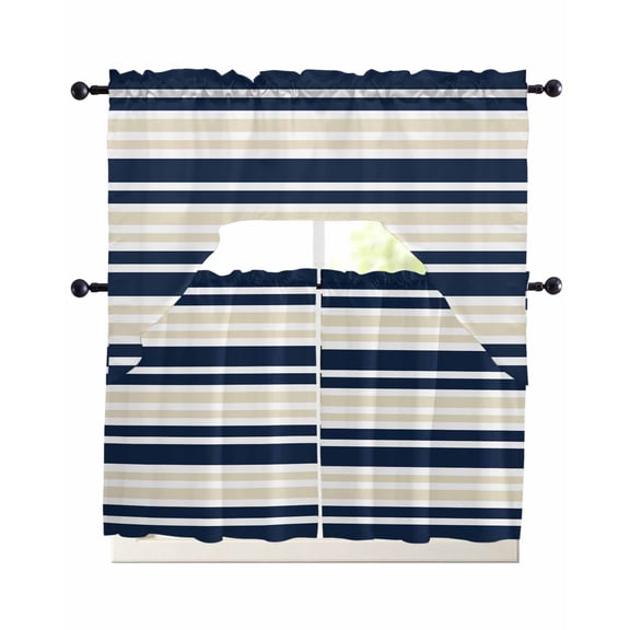 Navy Blue Khaki Striped Kitchen Curtains Sets 36 Inch Length with Valance, Gradient Horizontal Lines Swag Valances and Tiers Curtain Set Drapes Swag Curtains for Living Room, Bathroom, Bedroom, Cafe