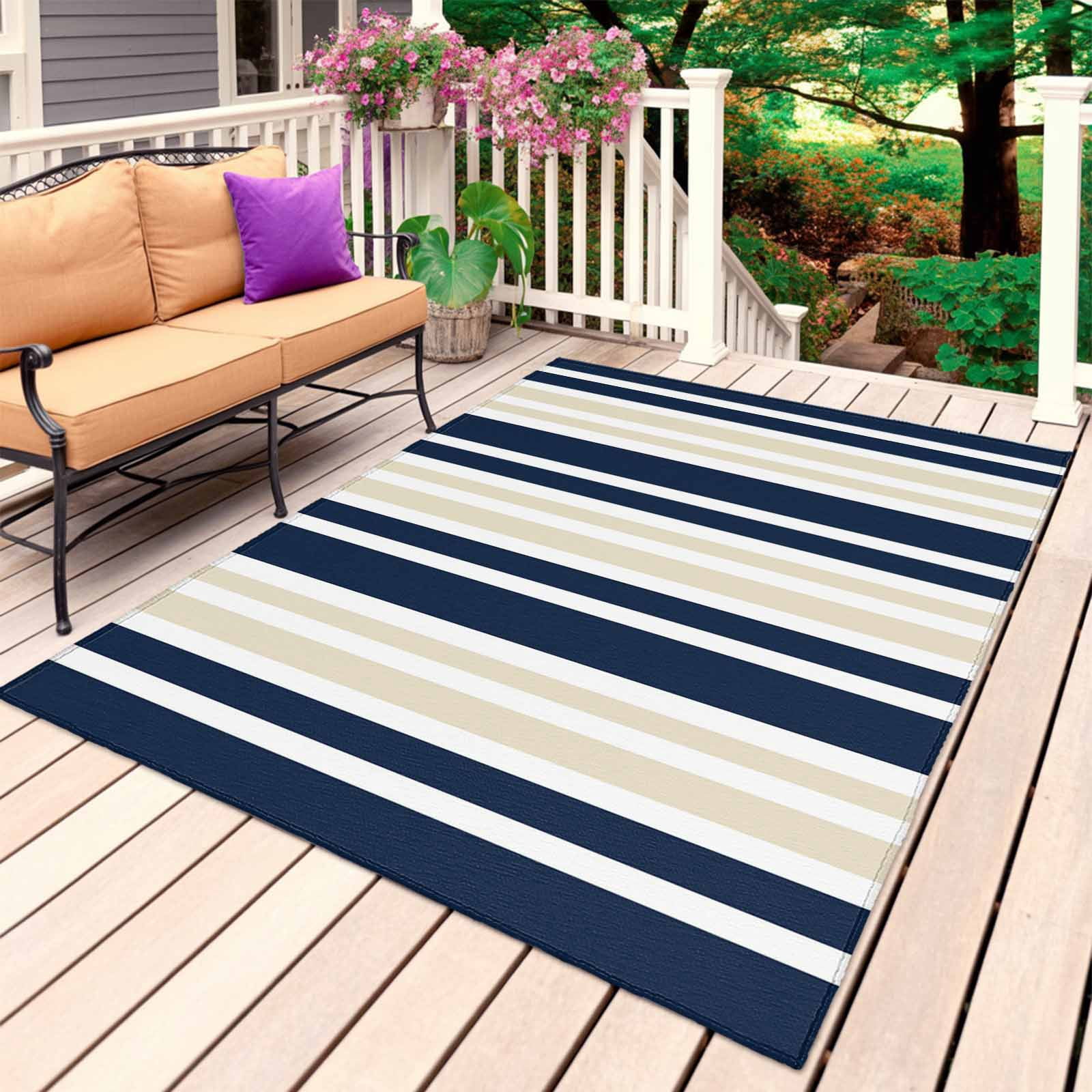 Navy Blue Khaki Striped Outdoor Rug for Patio/Deck/Porch, Non-Slip Large Area Rug 4 x 6 Ft, Modern Minimalist Ombre Lines Indoor Outdoor Rugs Washable Area Rugs, Reversible Camping Rug Carpet Runner