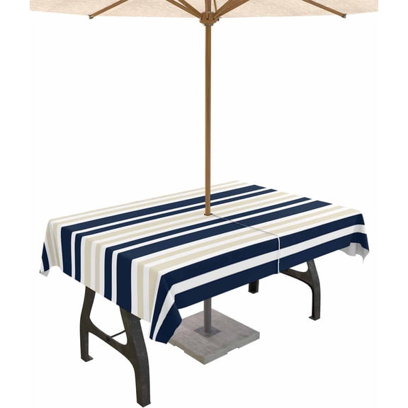 Navy Blue Khaki Striped Outdoor Tablecloth with Umbrella Hole Rectangle,Gradient Horizontal Lines Waterproof Table Cloth Washable Wipeable Cover Spill Proof for Patio Spring Summer Picnic BBQ 60"x84"