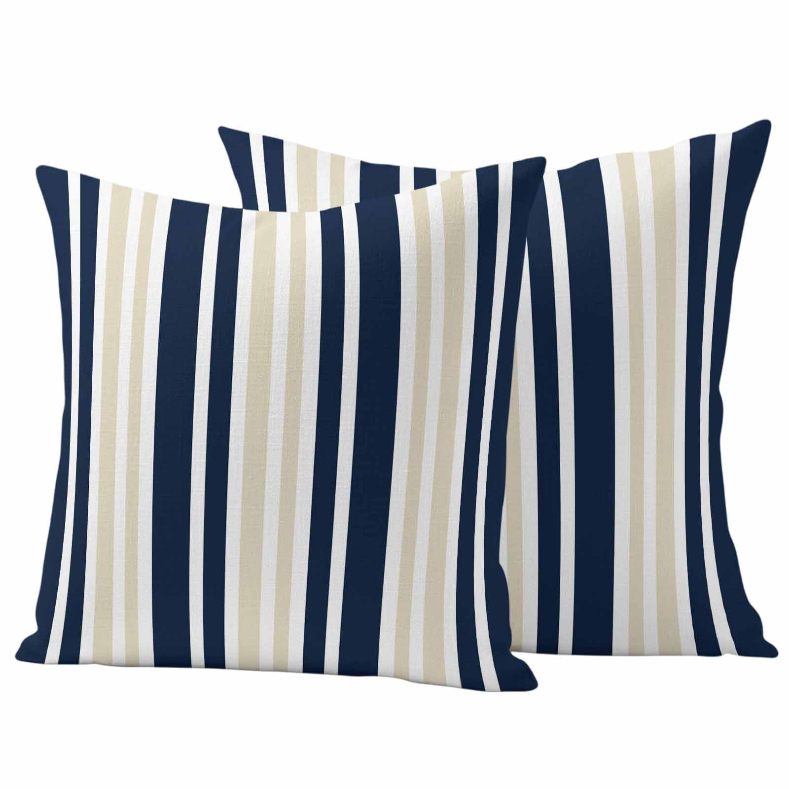 Navy Blue Khaki Striped Outdoor Waterproof Pillow Covers, Modern Minimalist Ombre Lines Decorative Square Throw Pillowcase Sofa Cushion Sham for Patio/Couch/Chair, 20"x20" 2 Pack