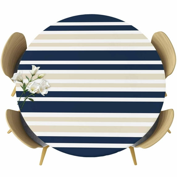 Navy Blue Khaki Striped Round Tablecloth, Fitted Table Cover with Elastic for 36"-44" Round Tables, Gradient Horizontal Lines Table Cloth Outdoor Indoor Dinning Party Waterproof Tablecloths