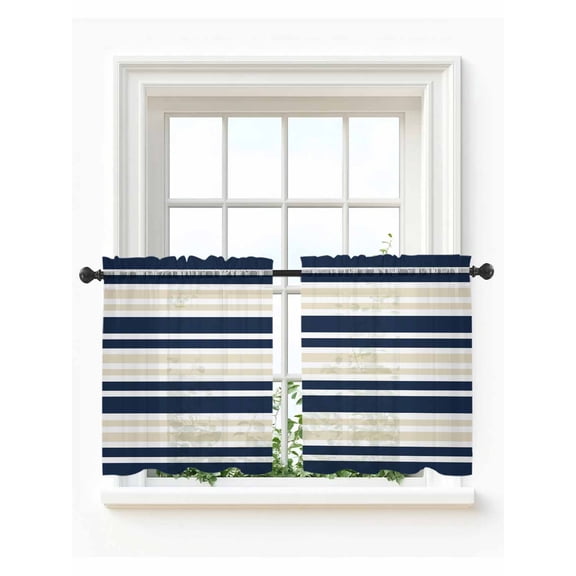 Navy Blue Khaki Striped Tier Curtains 24 Inch Length,Sheer Curtains for Bedroom Living Room Window Gradient Horizontal Lines Rod Pocket Drapes Kitchen Curtains Small Half Window 27.5"x24" 2 Panels