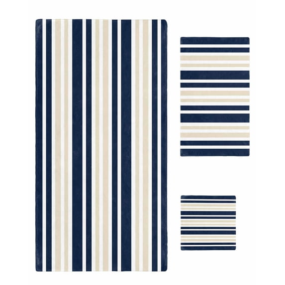 Navy Blue Khaki Striped Towel Set of 3, Soft Microfiber Bath Towels, Hand Towel, Washcloths, Gradient Horizontal Lines Quick-Dry Absorbent Towels for Bathroom Kitchen Hotel Beach Gym Spa