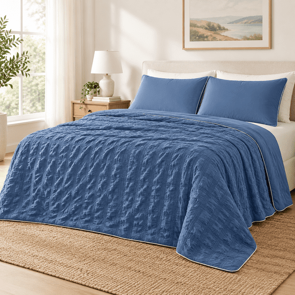 Navy Blue King (104''x90'') Seersucker Plaid Lightweight Summer Comforter for Hot Sleepers