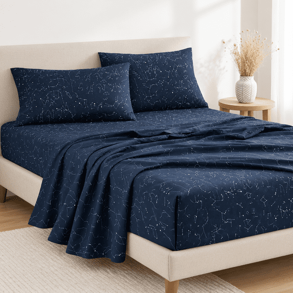 Navy Blue King Size 4-Piece Celestial Space Star Galaxy Astrology Bed Sheet Set