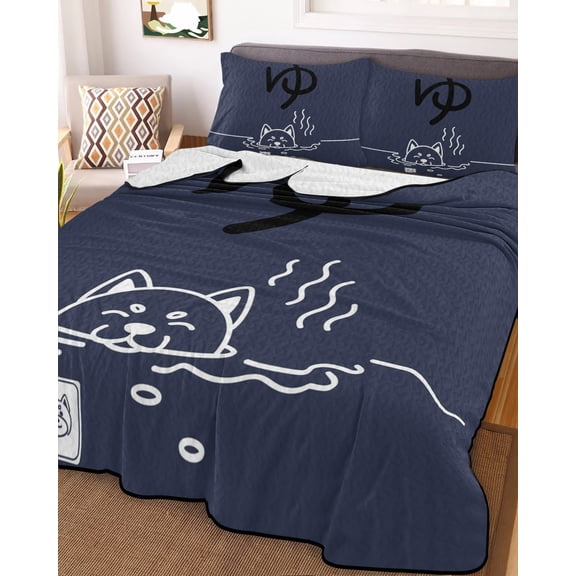 Navy Blue King Size Down Alternative Comforter, Lightweight Comforter Quilt Bedding Set with Pillow Shams Japanese Style Cartoon Cute Cat Animals All Seasons Bed Comforter Duvet Insert 96"x106"