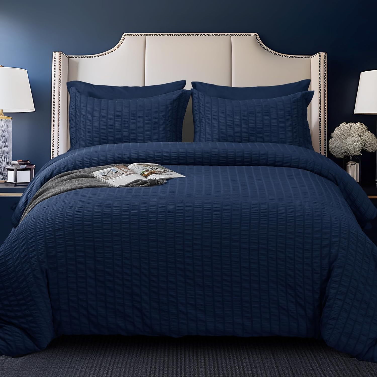 Navy Blue King Size Comforter Set Seersucker 7 Pieces, All Season