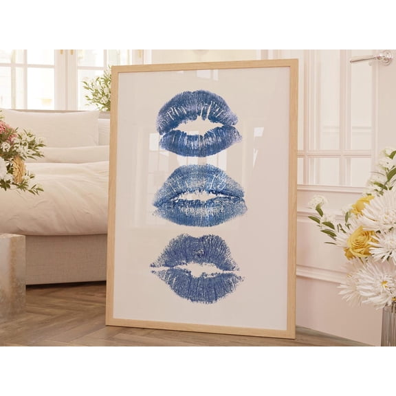 Navy Blue Kiss Lips Art Print Trendy Room Decor, Unframed Canvas 8x10in