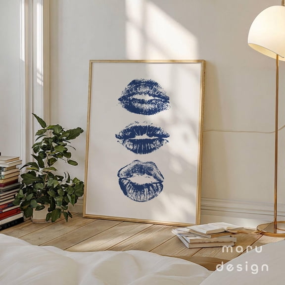 Navy Blue Kiss Lips Wall Art, Retro Funky Print, Aesthetic Preppy Poster, Cute Apartment Decor, Girly College Dorm, Coquette Wall Art, Modern Wall Decor, 16x24 UNFRAMED