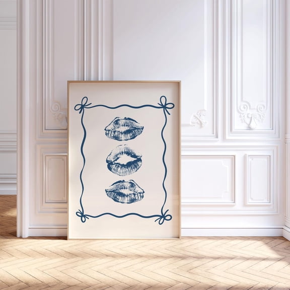 Navy Blue Kiss Lips poster, Trendy Wall Art, Retro Preppy, Girly College Dorm Room Decor, Apartment Aesthetic, Unframed Paper Print