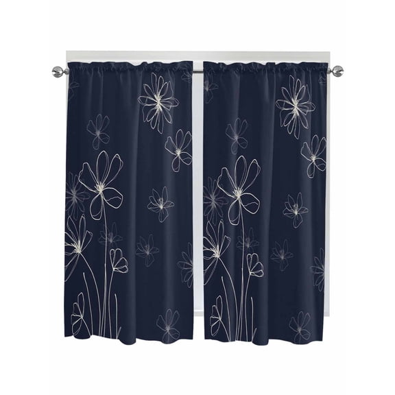 Navy Blue Kitchen Curtains 72 Inch Length, Spring Flora Rod Pocket Light Filtering Window Curtains Living Room Bedroom Curtain Drapes Cafe Curtain Modern Abstract Art Pastoral52''x72''x2