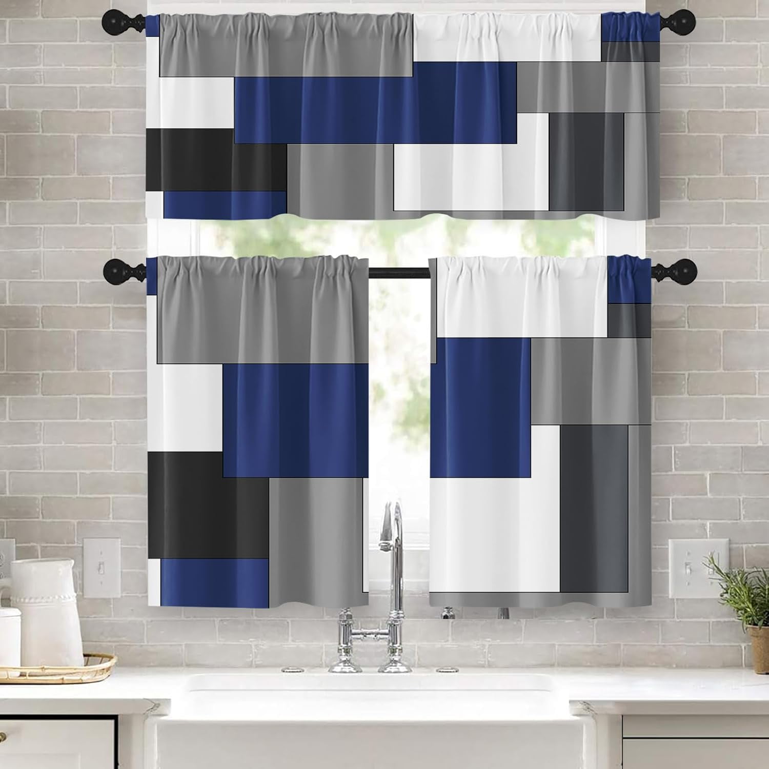 Navy Blue Kitchen Curtains Checkered Window Curtains and Valances Set