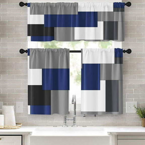 Navy Blue Kitchen Curtains Checkered Window Curtains and Valances Set of 3, Black Grey White Geometric Short Tier Curtain for Kitchen, Modern Abstract Small Kitchen Decor 52" x 24"