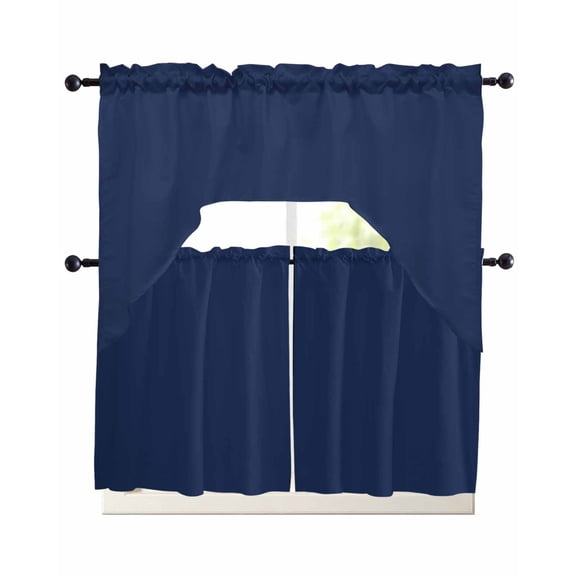 Navy Blue Kitchen Curtains Set for Windows 3 Piece Cafe Curtains 24 Inch Length Swag Curtains Valances and Tier Set Modern Pure Navy Blue Drapes for Bedroom Bathroom Living Room