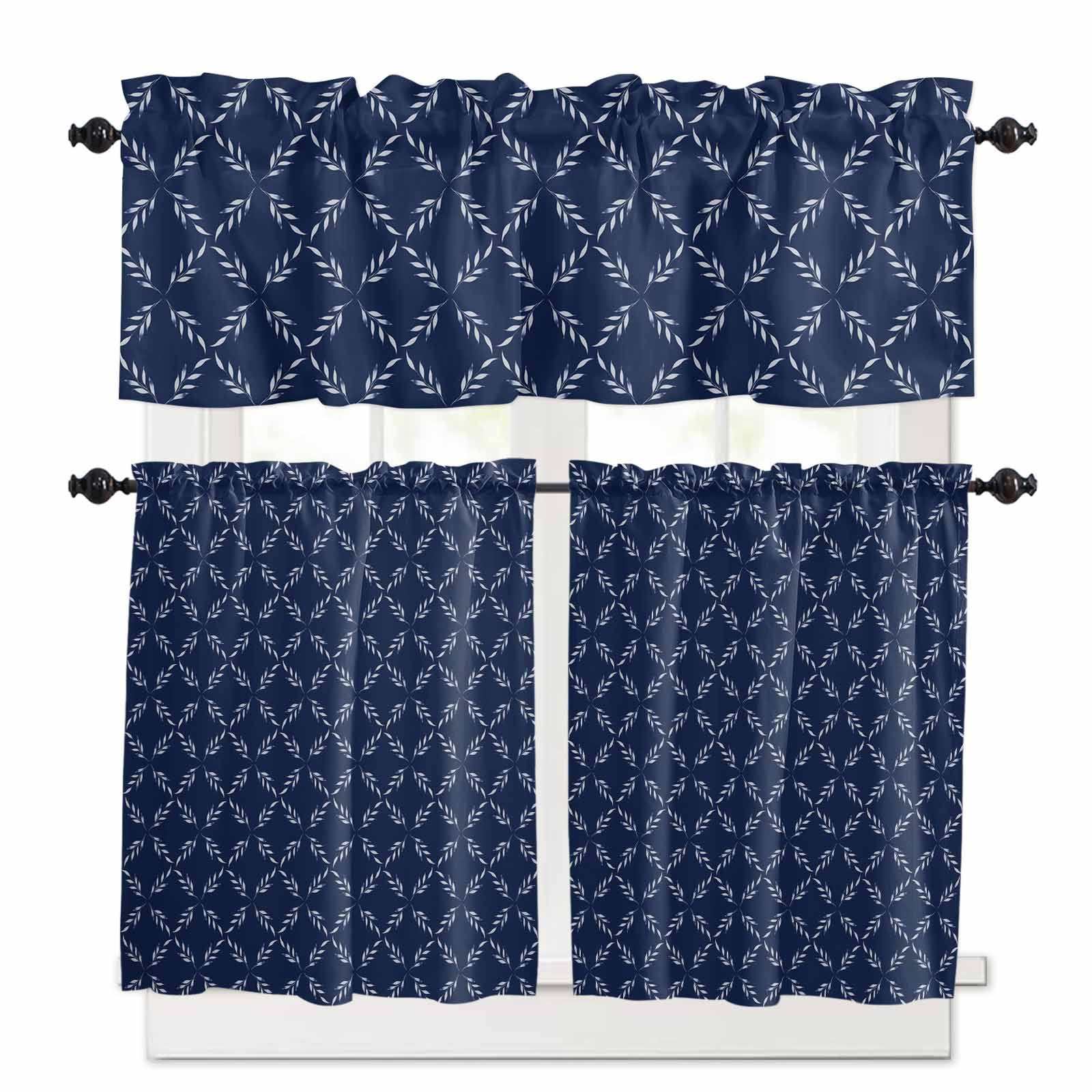 Navy Blue Kitchen Curtains Set for Windows 3 Pieces,36 Inch Length Tier ...