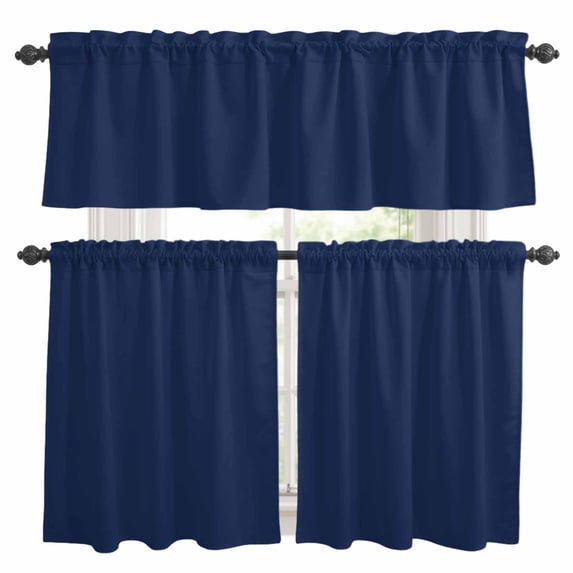 Navy Blue Kitchen Curtains Sets for Windows 24 Inch Length, Solid Color Farmhouse Navy Blue Rod Pocket Window Treatments Tier Curtains and Valances Set for Bedroom/Bathroom