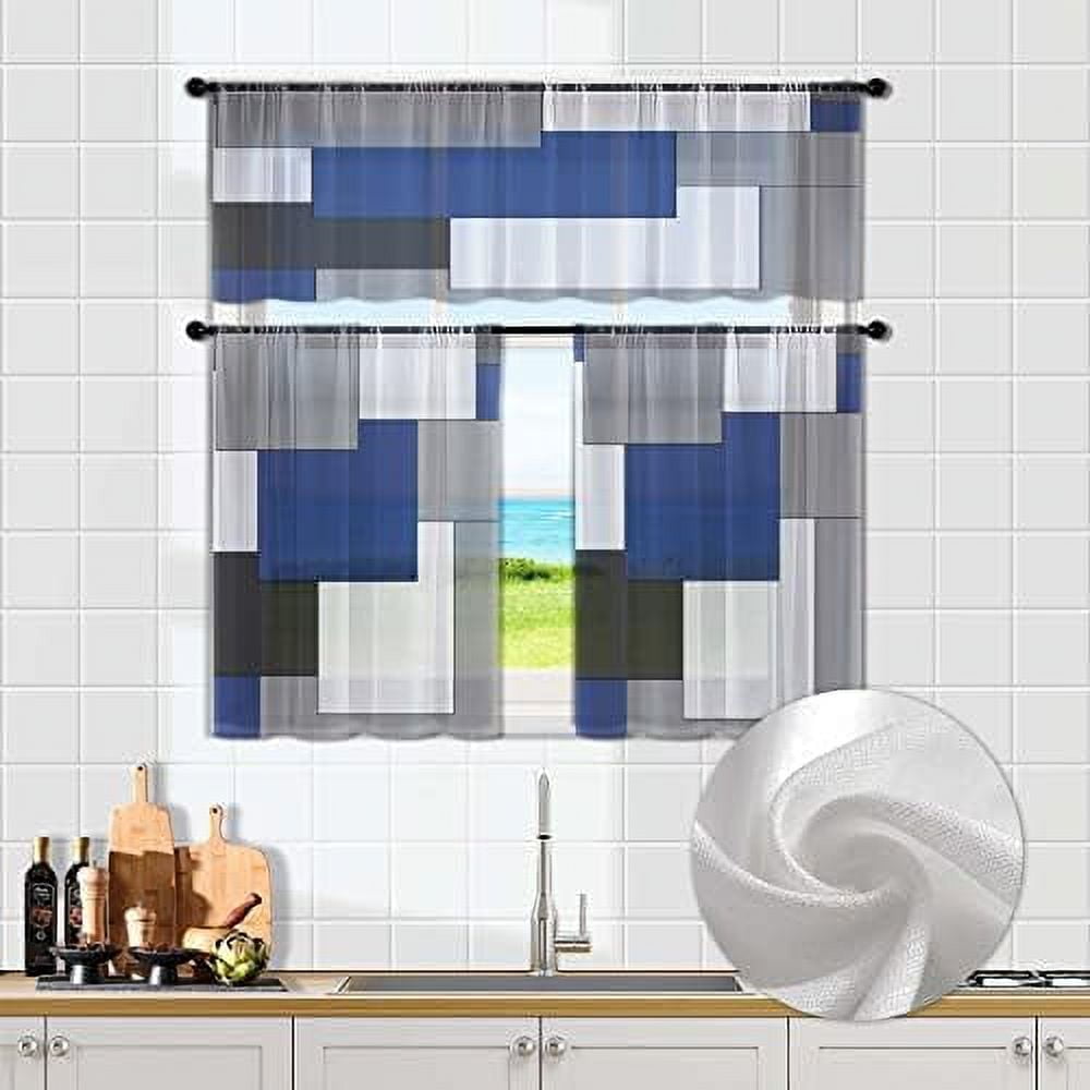 Navy Blue Kitchen Curtains Tiers and Valances Set 3 Piece for Windows