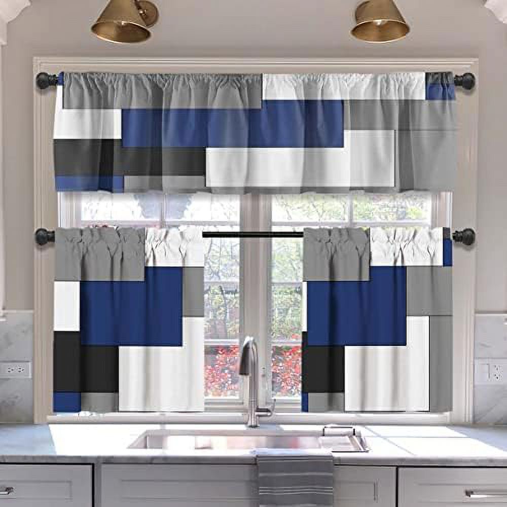 Navy Blue Kitchen Curtains Tiers and Valances Set 3 Piece for Windows