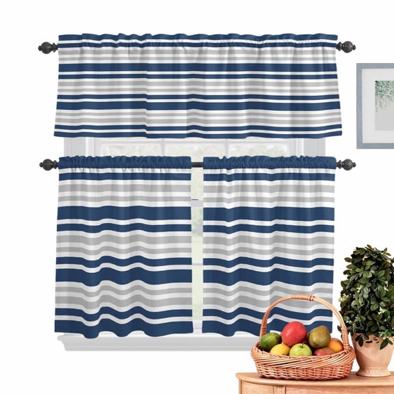 Navy Blue Kitchen Curtains Valances 3 Piece Set, and Gray Stripe Contrast Minimalist Modern Art Rod Pocket Tier Curtain and Valance Drapes for Small Window 24 Inch Length for Bedroom Cafe