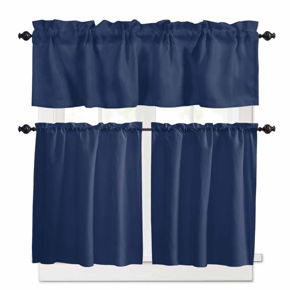 Navy Blue Kitchen Curtains and Valances Set, 3 Piece Kitchen Curtains Set 24 Inch Length, Modern Pure Navy Blue Rod Pocket Curtains Tier Farmhouse Window Curtains