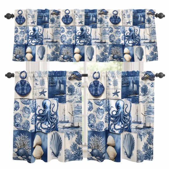 Navy Blue Kitchen Curtains Valances and Tiers Set of 3 Ocean Octopus Shell Sailing Ship Patchwork Retro Tier Curtains and Valance with Rod Pocket for Small Windows, 27.5"x24"