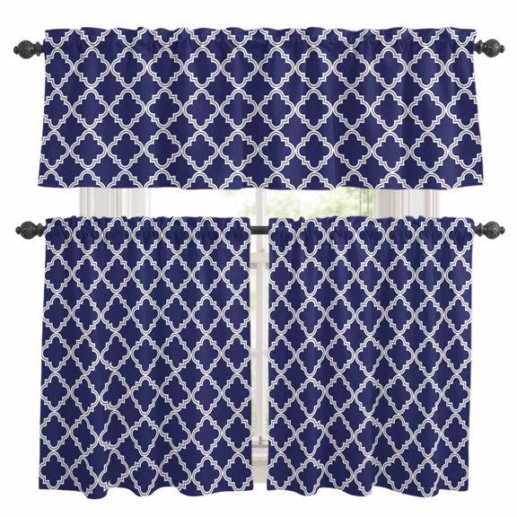 Navy Blue Kitchen Curtains Valances and Tiers Set of 3 Moroccan Tier Curtains and Valance with Rod Pocket for Small Windows, 27.5"x36"