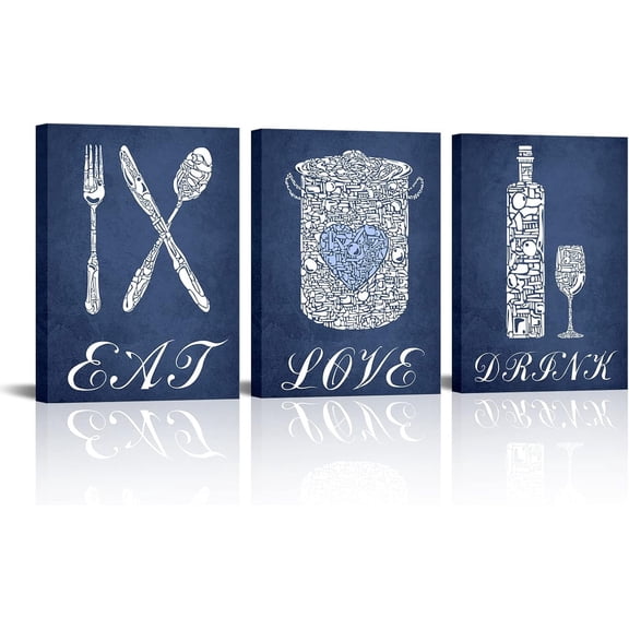 Navy Blue Kitchen Decor Kitchen Accessories Eat Sign Wall Art Modern Blue Dining Room Decorations Pictures Ready to Hang