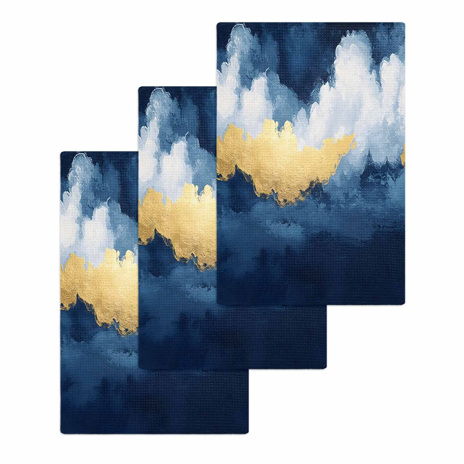 Navy Blue Kitchen Dish Towels for Drying Dishes Set of 3, Abstract Modern Oil Painting Art Waffle Weave Microfiber Hand Tea Bathroom Towels Quick Dry & Absorbent Towel 15.7x23.6