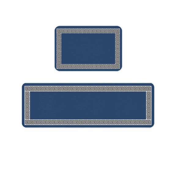 Navy Blue Kitchen Mats for Floor 2 Piece, Greek Chinese Style Border Geometric Absorbent Non-Slip Kitchen Rugs Comfort Standing Mat for Laundry, Hallways 15.7"x23.6"+15.7"x47.2"
