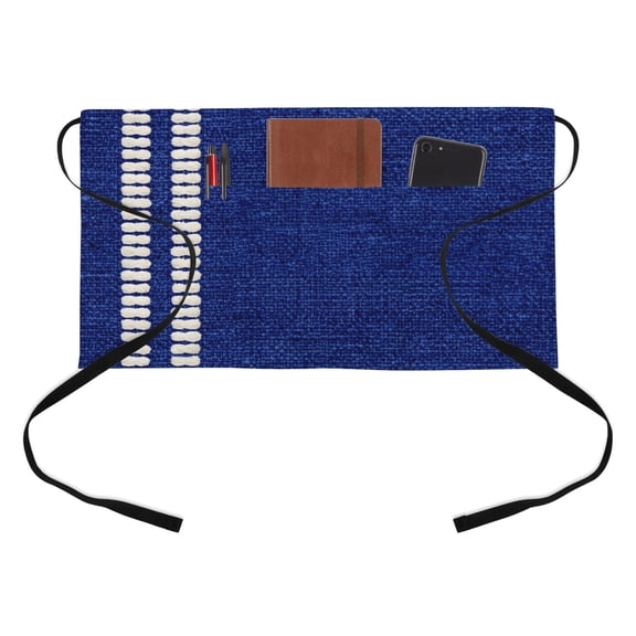 Navy Blue Kitchen Restaurant Half Waist Apron, Oatmeal Beige Deep Blue Woven Fabric Texture Rustic Farm Server Short Apron with 3 Pockets Waterproof Oil Waist Aprons for Women Waitress Waiter