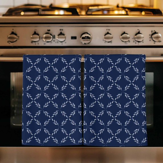 Navy Blue Kitchen Towels Set of 1, Geometric Leaf Diamond Plaid Abstract Check Absorbent Dish Towels for Kitchen, Microfiber Hand Towel, Quick Drying Tea Towel for Cleaning Decorative Dishcloths
