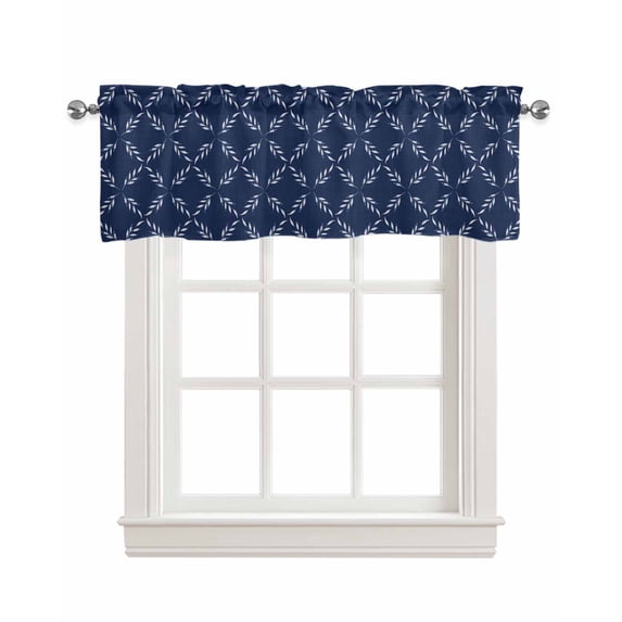 Navy Blue Kitchen Valances for Windows Farmhouse Linen Window Valance Curtain for Living Room Window Treatment Geometric Leaf Diamond Plaid Abstract Check Valance Rod Pocket Topper, 42 x 18 Inch