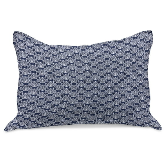 Navy Blue Knitted Quilt Pillowcover, Abstract Floral Damask with Antique Victorian Design Renaissance Flourish, Standard King Size Pillow Cover for Bedroom, 36" x 20", Dark Blue White, by Ambesonne