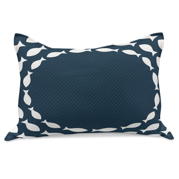 Navy Blue Knitted Quilt Pillowcover, Ocean Aqua Navy Themed Fish Swimming in a Circle Print, Standard King Size Pillow Cover for Bedroom, 36" x 20", Navy Blue and White, by Ambesonne
